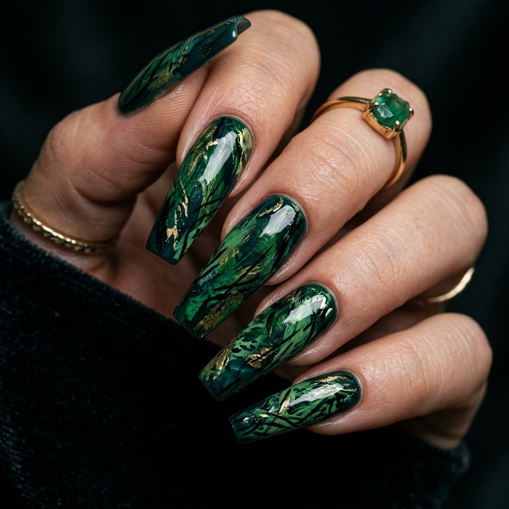 35 Best Green Summer Nails for a Bold Warm Season 2026 9 Jungle Chic Nail Look