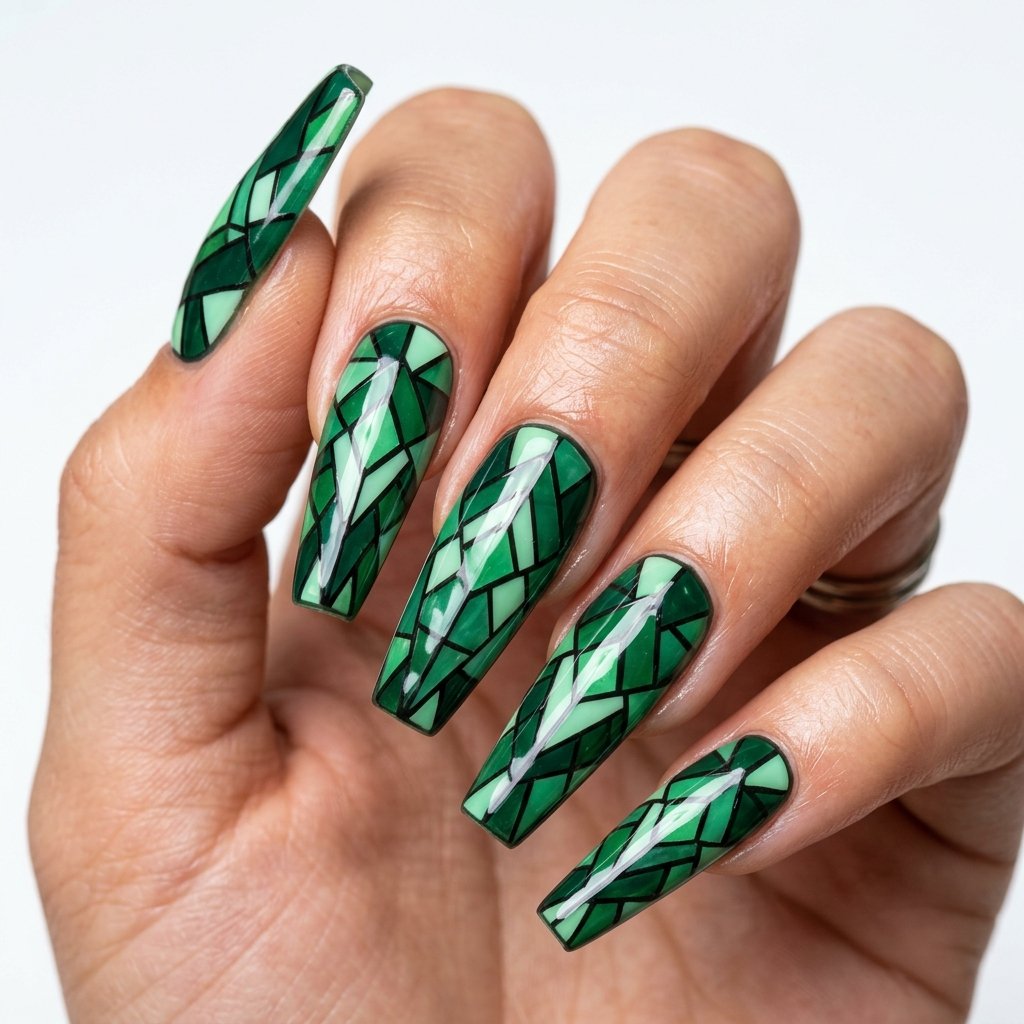 35 Best Green Summer Nails for a Bold Warm Season 2026 25 Green Mosaic Nail Look