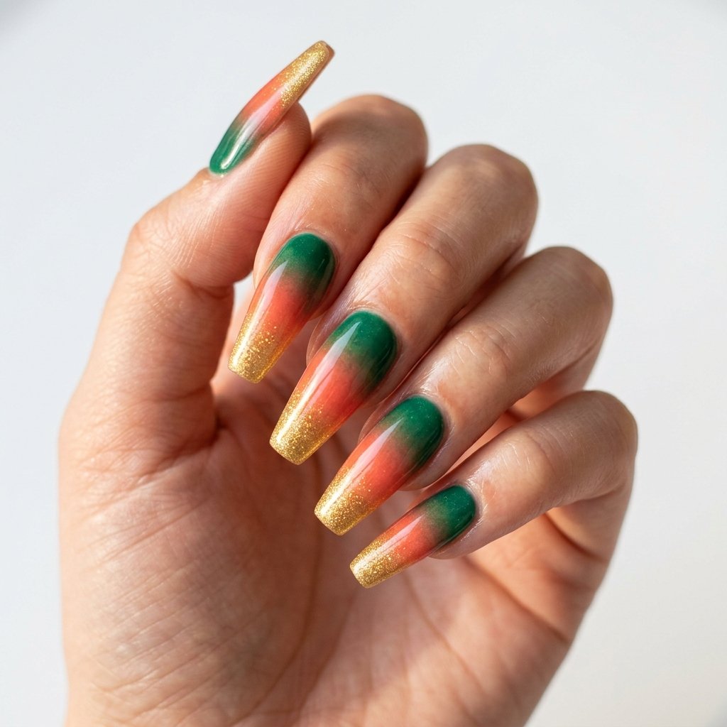 35 Best Green Summer Nails for a Bold Warm Season 2026 19 Green Sunset Ombre Nails