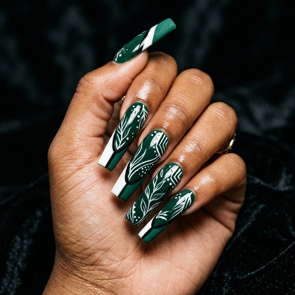 Green and White Coffin Nail Ideas