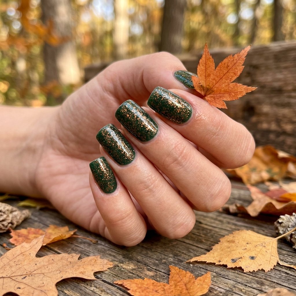 35 Stunning Forest Green Nails Ideas for a Chic Look 2026 16 Copper Shimmer Glow