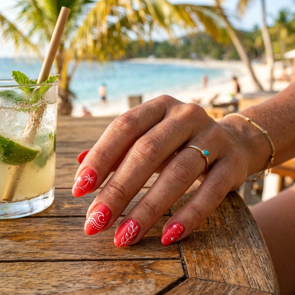 Coral Red Nail Art for Vacation
