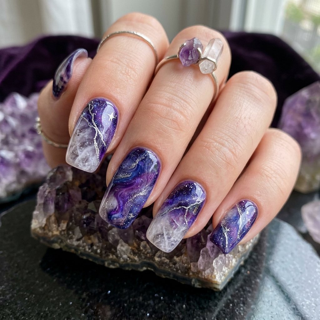 32 Galaxy Nails Ideas: Master the Aesthetic of the Cosmos 32 Cosmic Quartz Marble Concept