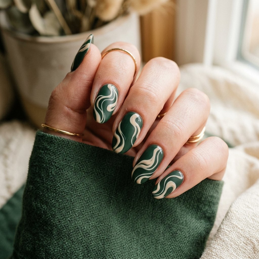 35 Stunning Forest Green Nails Ideas for a Chic Look 2026 25 Cream Swirl Pattern