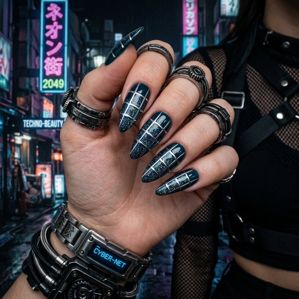 34 Best Dark Teal Nails Ideas: Elegant Colors to Try Now 24 Cyberpunk Chrome Grid and Jet Dark