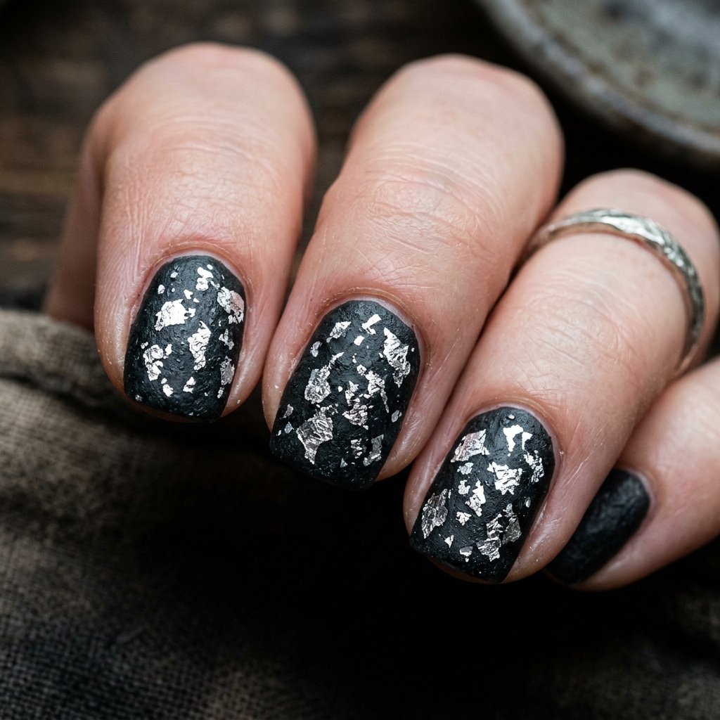 Dark Black Base with Silver Leaf Flakes