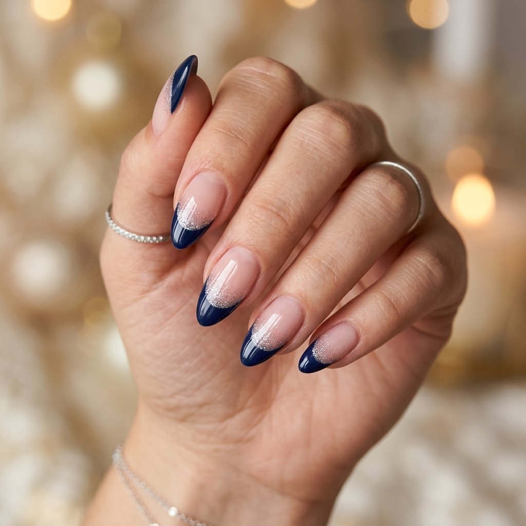 Dark Blue Almond French Tip Nails