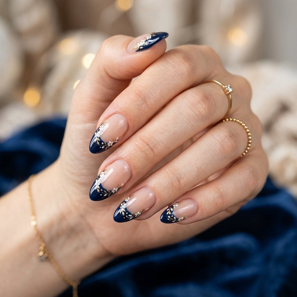 Dark Blue Floral French Tip Nails