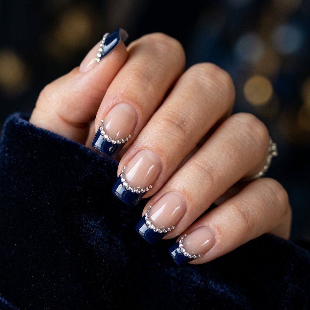 Dark Blue Rhinestone French Tip Nails