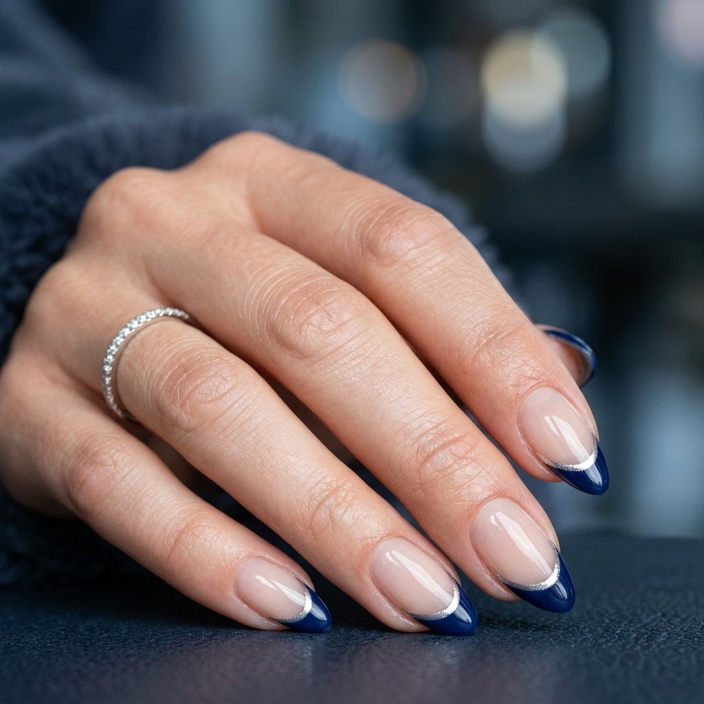 Dark Blue and Silver French Tip Nails