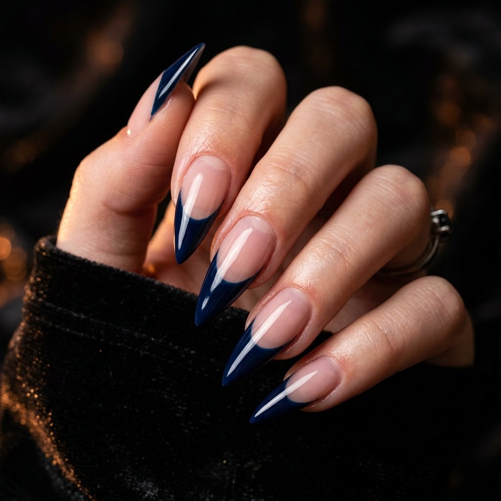 Dark Blue Stiletto French Tip Nails