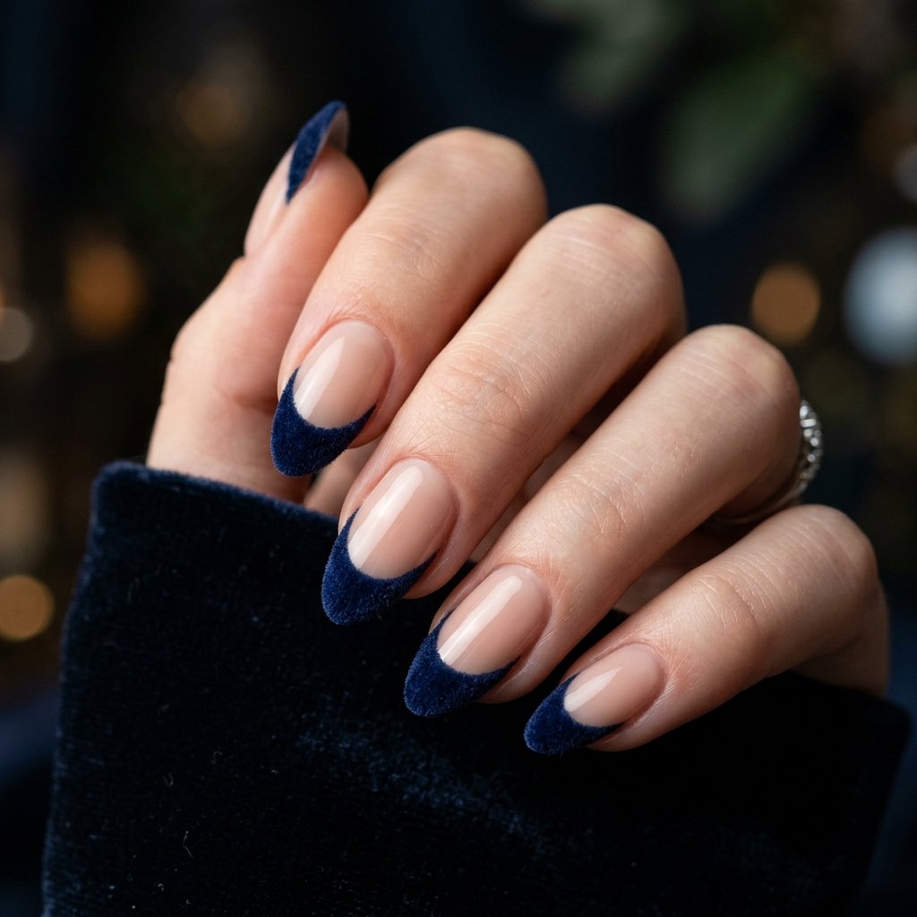 Dark Blue Velvet French Tip Nails