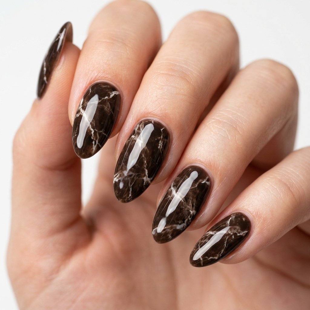 35 Trendy Brown and White Nails Ideas for a Flawless Manicure 2026 7 Dark Brown Marble Effect with White Veins