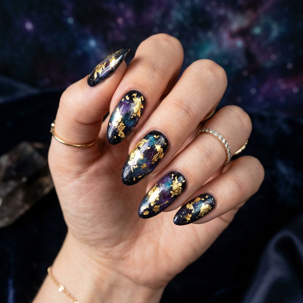 32 Galaxy Nails Ideas: Master the Aesthetic of the Cosmos 8 Celestial Gold Leaf Accent Design