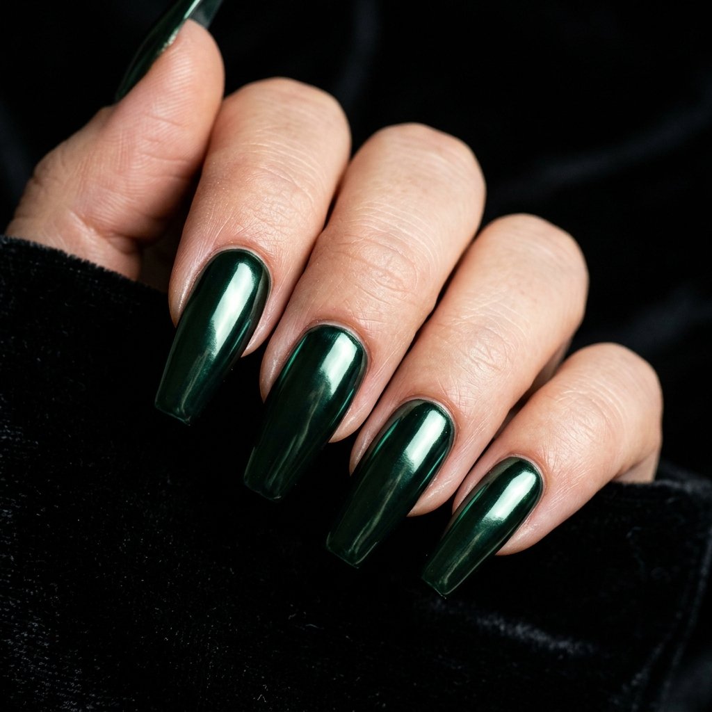 Dark Green Chrome Nails