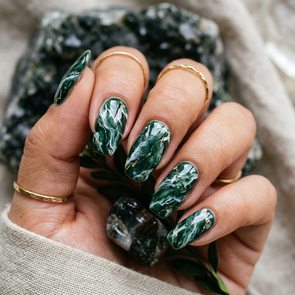 35 Stunning Forest Green Nails Ideas for a Chic Look 2026 7 Dark Marble Swirls