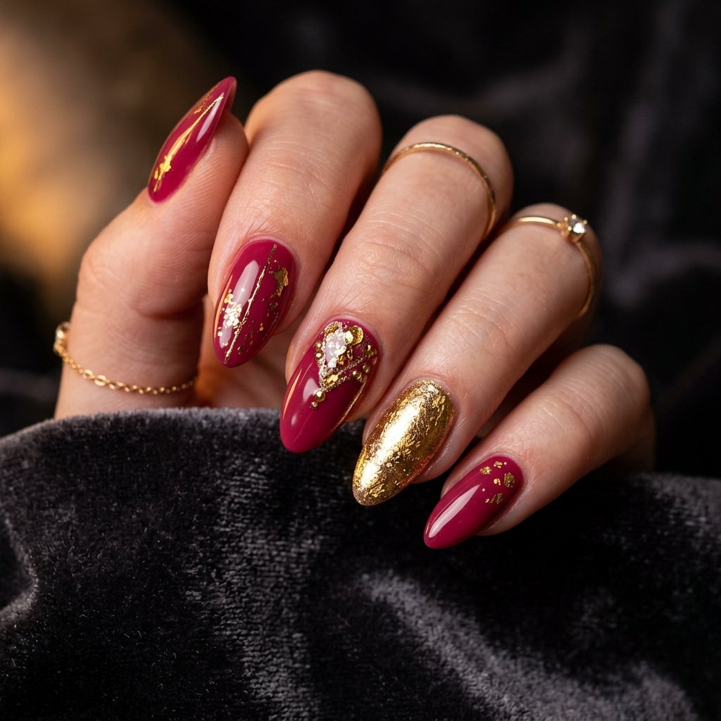 Dark Pink and Gold Nail Designs