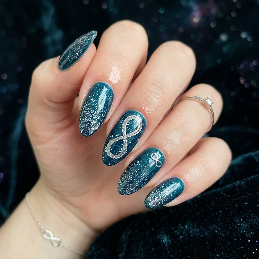 32 Galaxy Nails Ideas: Master the Aesthetic of the Cosmos 24 Deep Teal Infinity Design