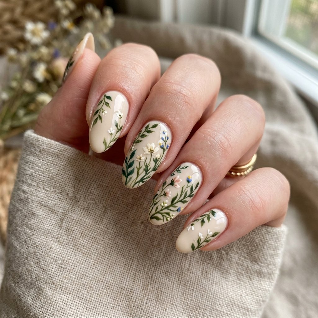 35 Stunning Forest Green Nails Ideas for a Chic Look 2026 18 Delicate Floral Art
