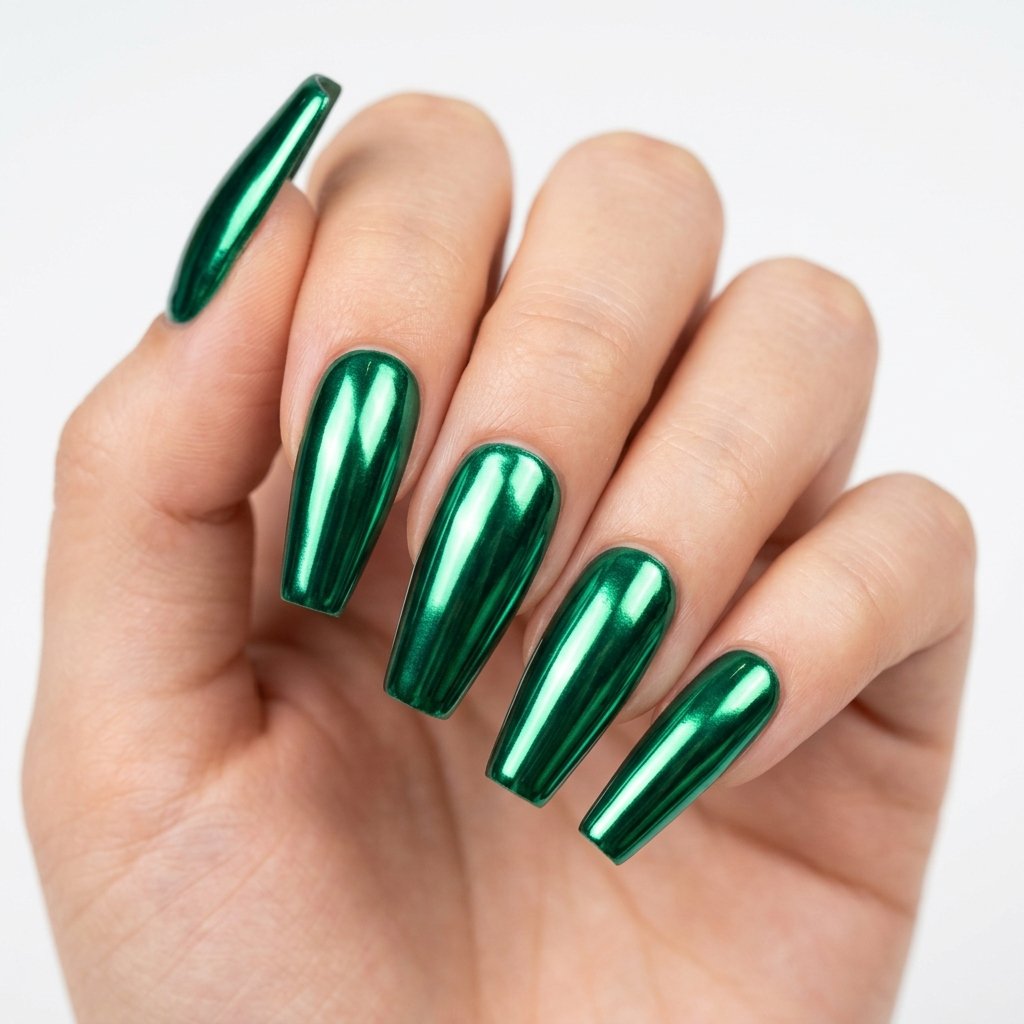 Emerald Green Chrome Nails