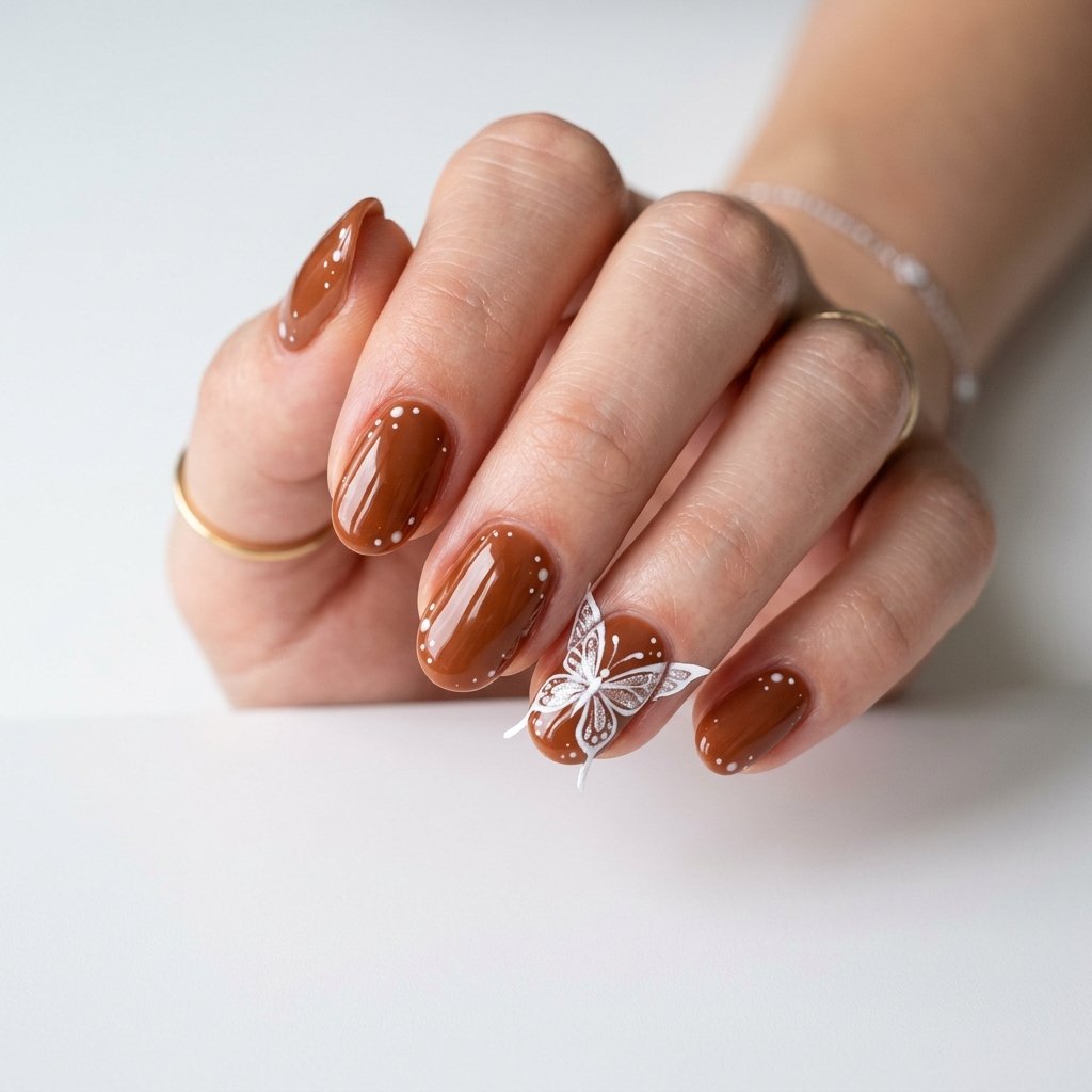35 Trendy Brown and White Nails Ideas for a Flawless Manicure 2026 32 Cinnamon Brown Nails with White Butterfly Accent