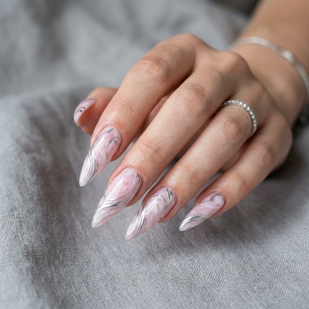 Metallic Silver Linework Pink Marble Style Idea