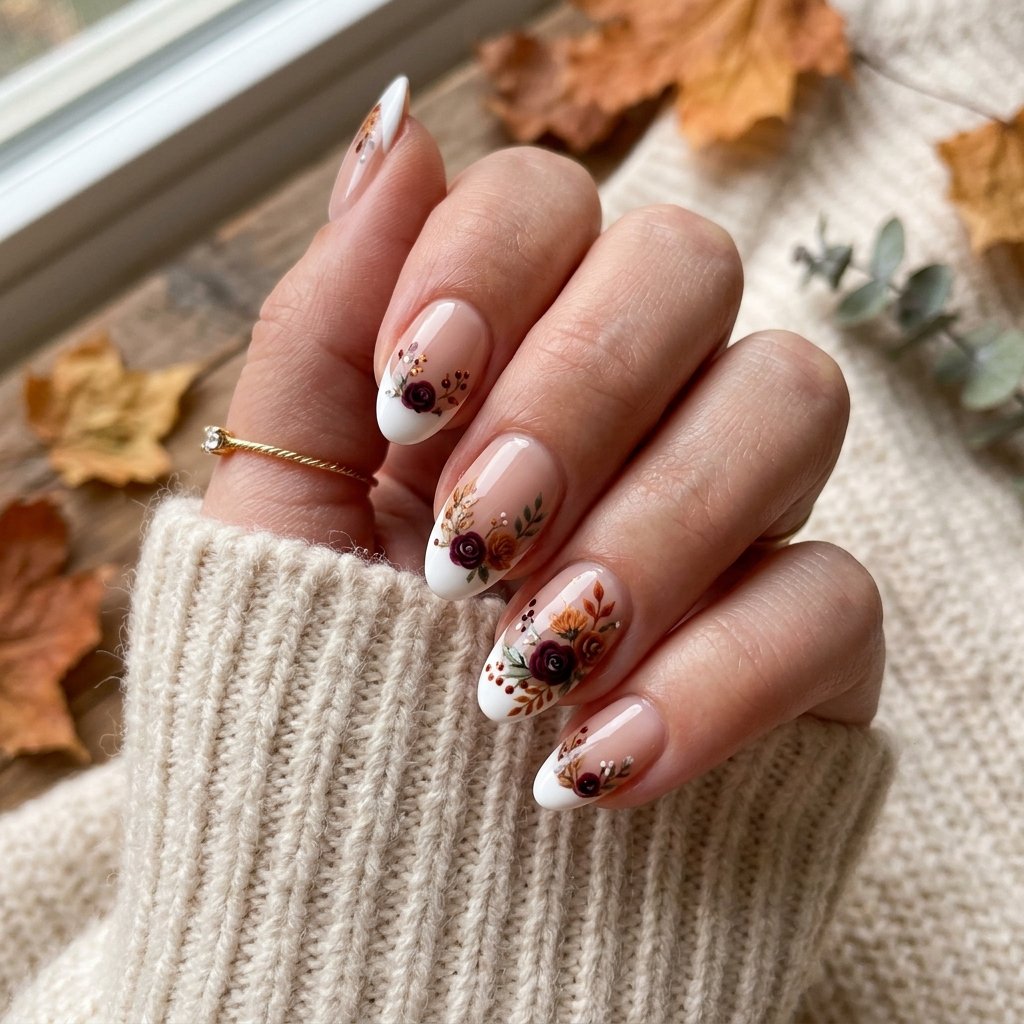 35 Fall French Tip Nails Ideas That Are Trending This Autumn Season 2026 27 Floral Fall French Tip Nails