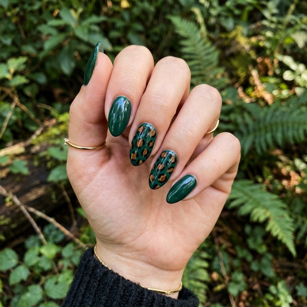 35 Stunning Forest Green Nails Ideas for a Chic Look 2026 24 Leopard Print Accent