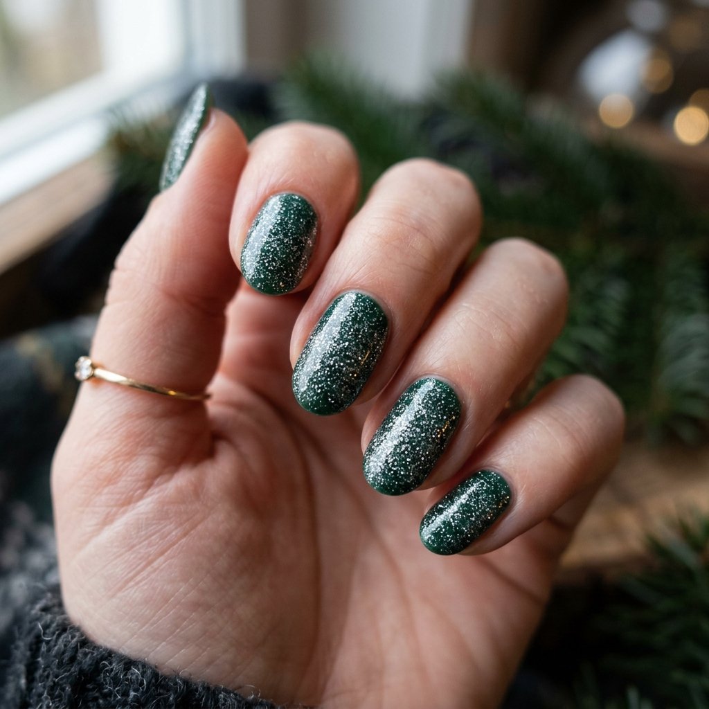 35 Stunning Forest Green Nails Ideas for a Chic Look 2026 8 Silver Glitter Dust