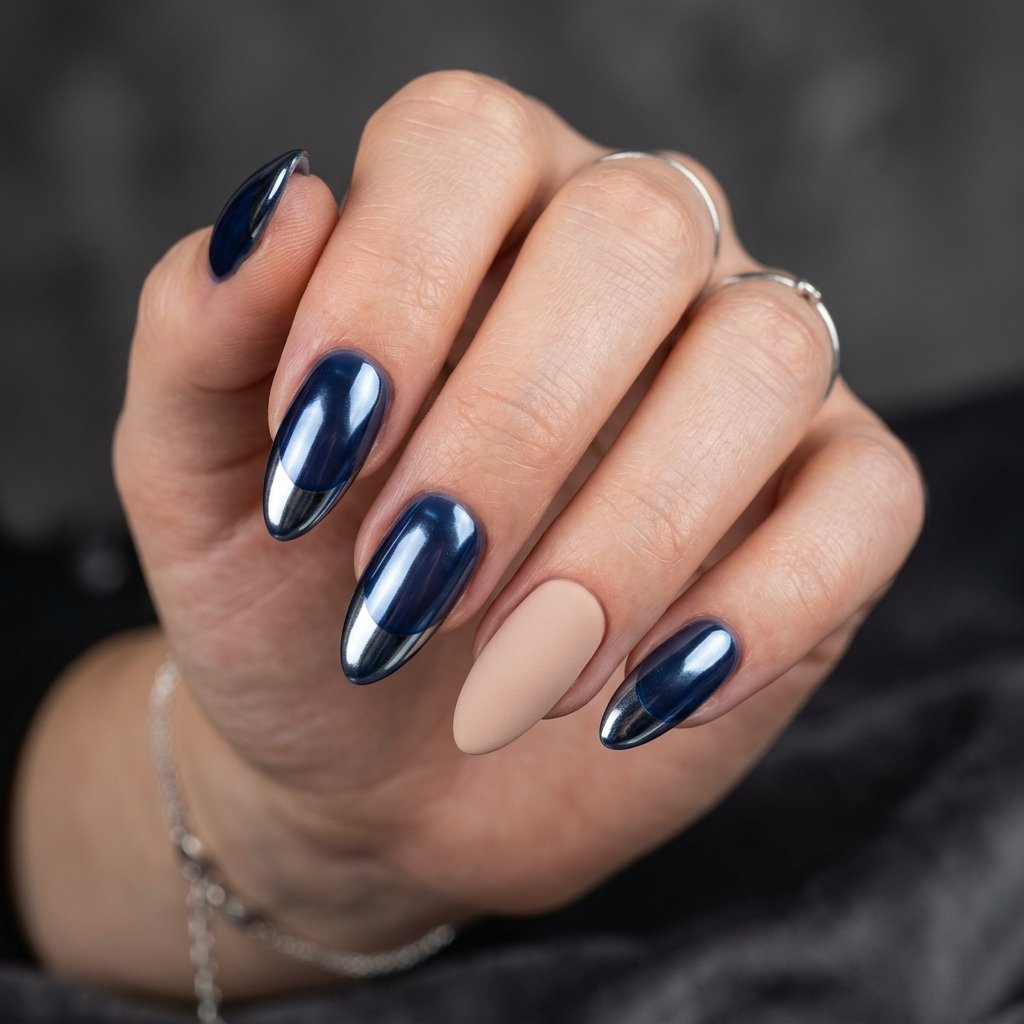 Dark Blue Chrome French Tip Nails