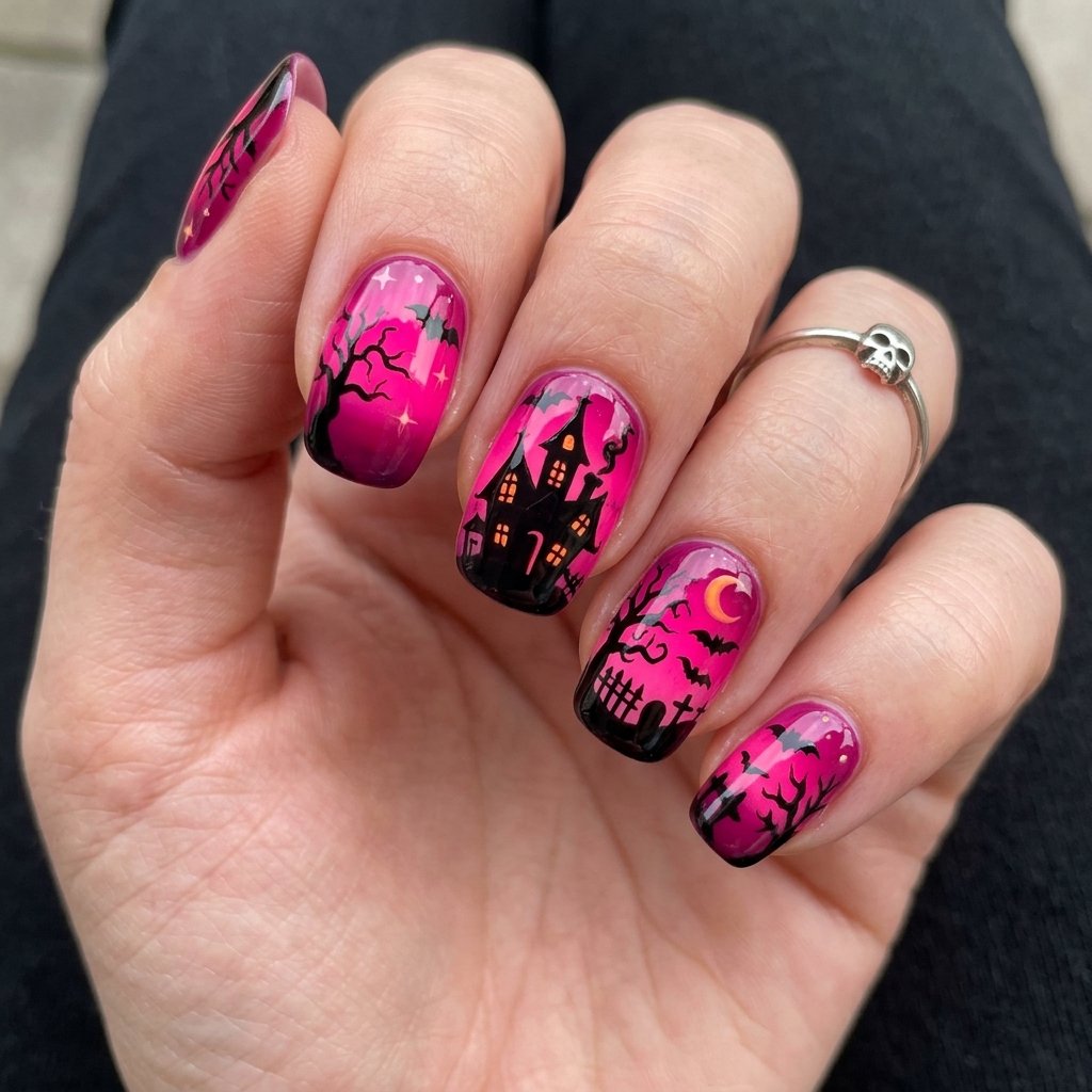 Fuchsia Haunted House Silhouettes