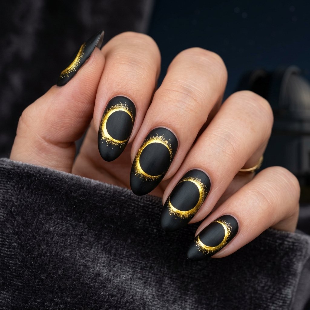 32 Galaxy Nails Ideas: Master the Aesthetic of the Cosmos 22 Eclipse Silhouette Art Idea