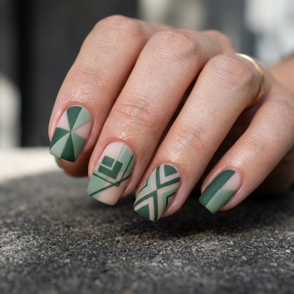 35 Best Green Fall Nails Ideas for Modern Autumn Style 18 Geometric Angles
