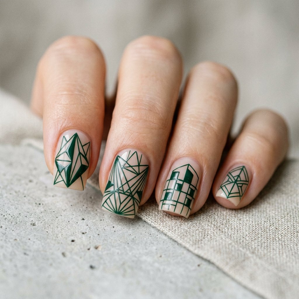 35 Stunning Forest Green Nails Ideas for a Chic Look 2026 13 Geometric Line Work