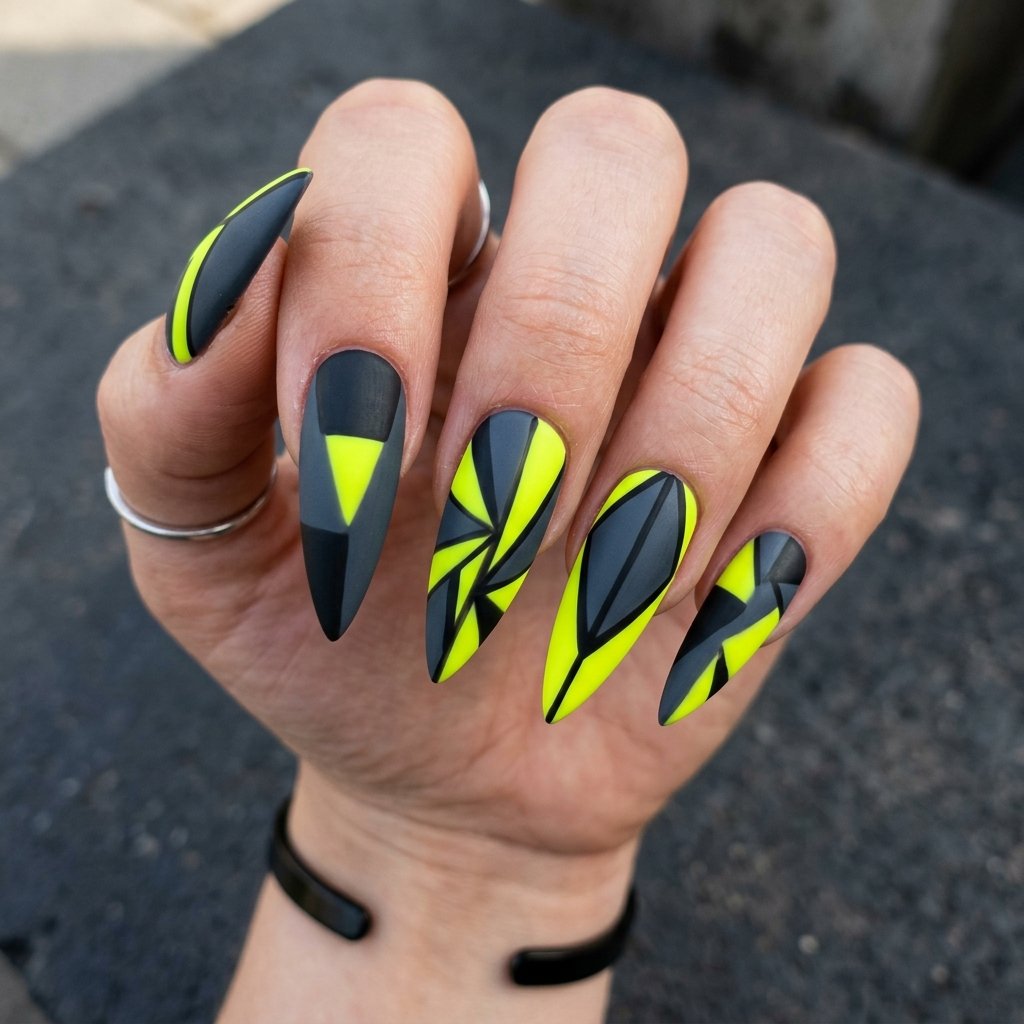 35 Fresh neon yellow nails Ideas for Your Summer Wardrobe 6 Charcoal Gray Geometric Idea
