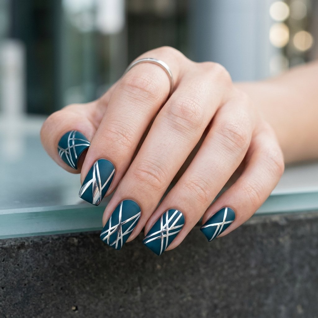 34 Best Dark Teal Nails Ideas: Elegant Colors to Try Now 11 Geometric Platinum Chrome Lines