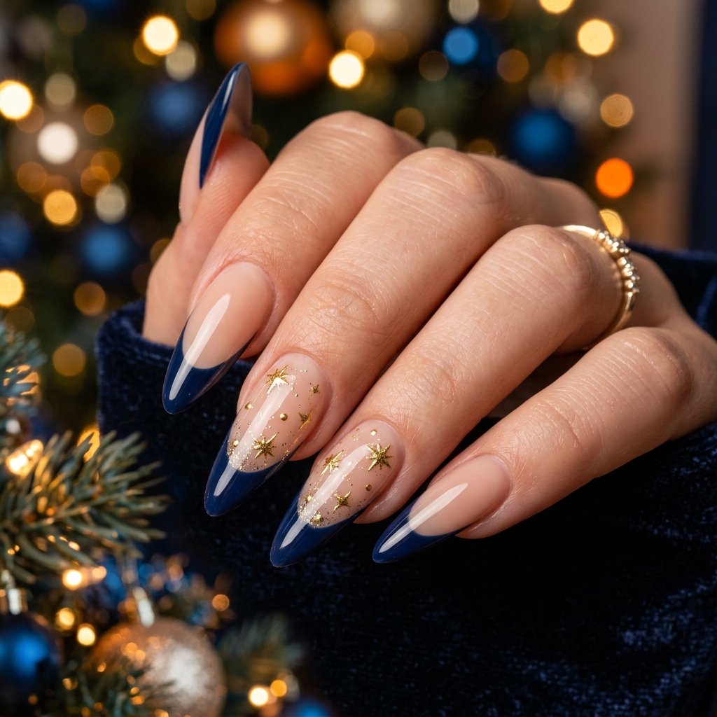 Long Dark Blue French Tip Nails