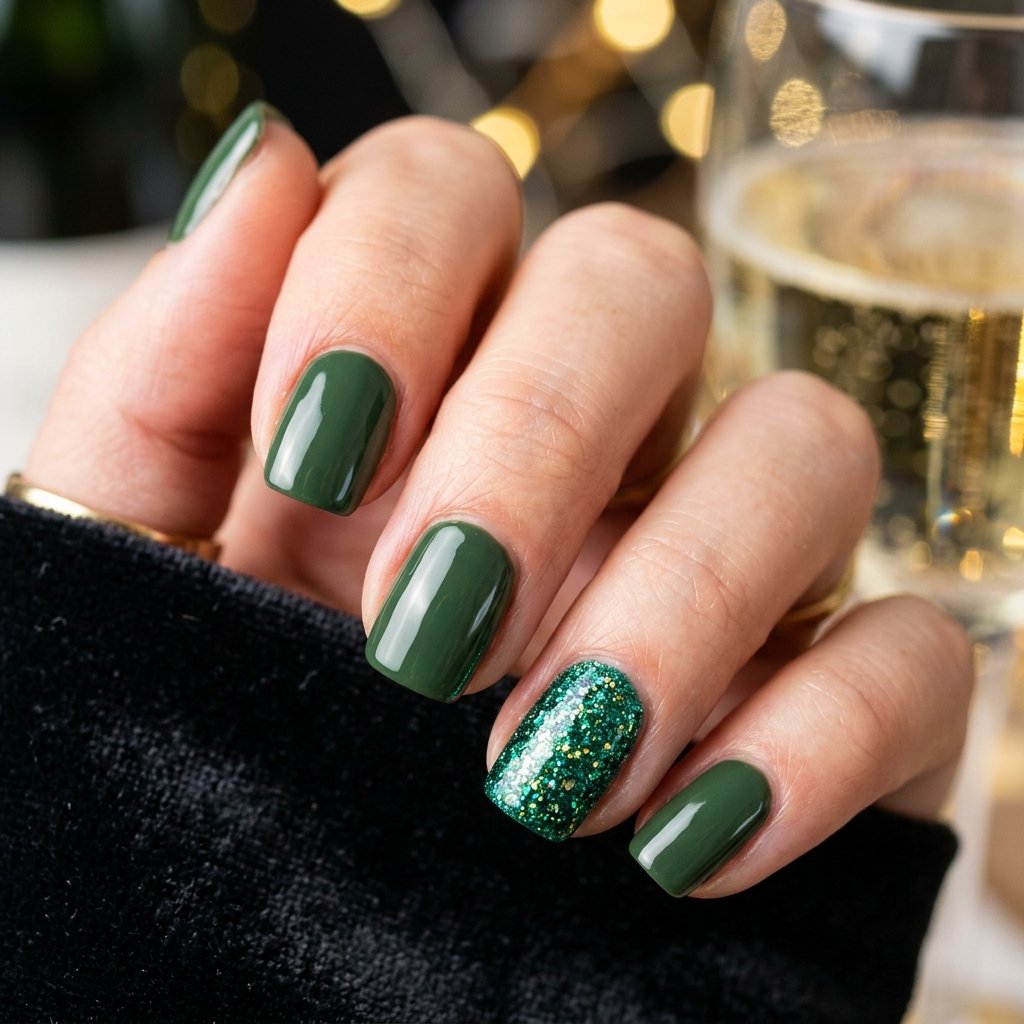 35 Best Green Fall Nails Ideas for Modern Autumn Style 31 Concentrated Glitter Accent