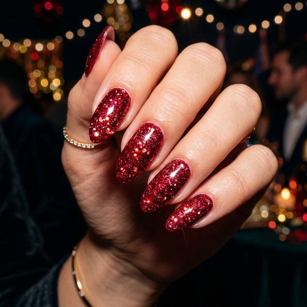 Glitter Red Nails for Summer Parties