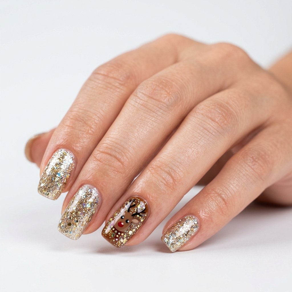 25 Reindeer Nails Ideas That Will Make Your Holiday Manicure Truly Magical 4 Glitter Reindeer Accent Nails