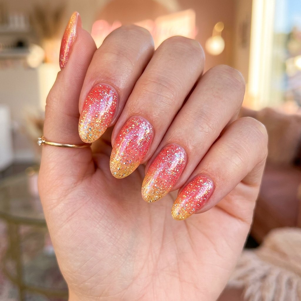 Shimmering Glitter Sunset Nails