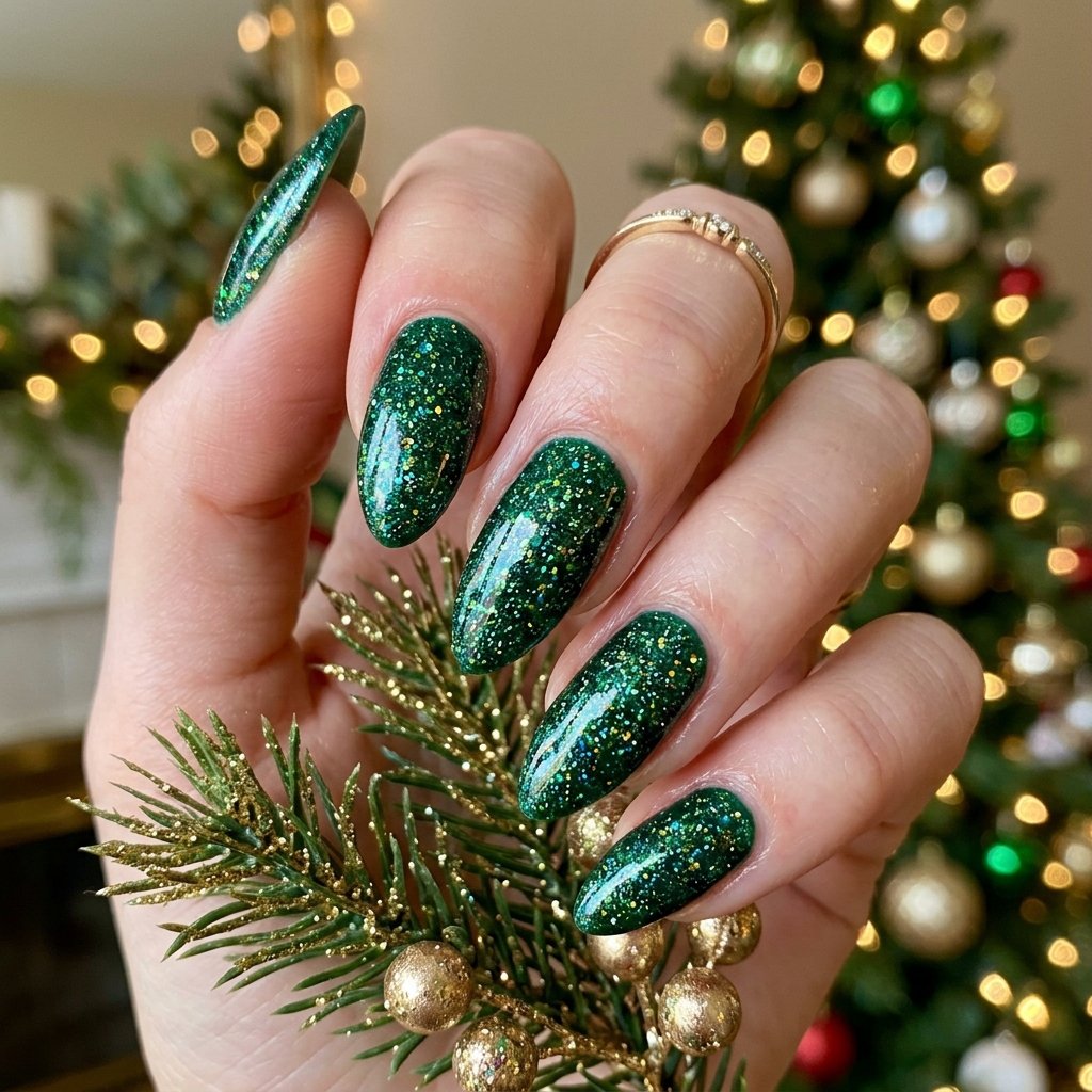 35 Fresh Green Almond Nails Ideas: Chic Trends to Love 16 Glittery Green Almond Nails