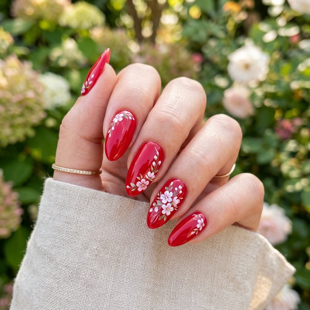 Red Summer Nails with Floral Accents