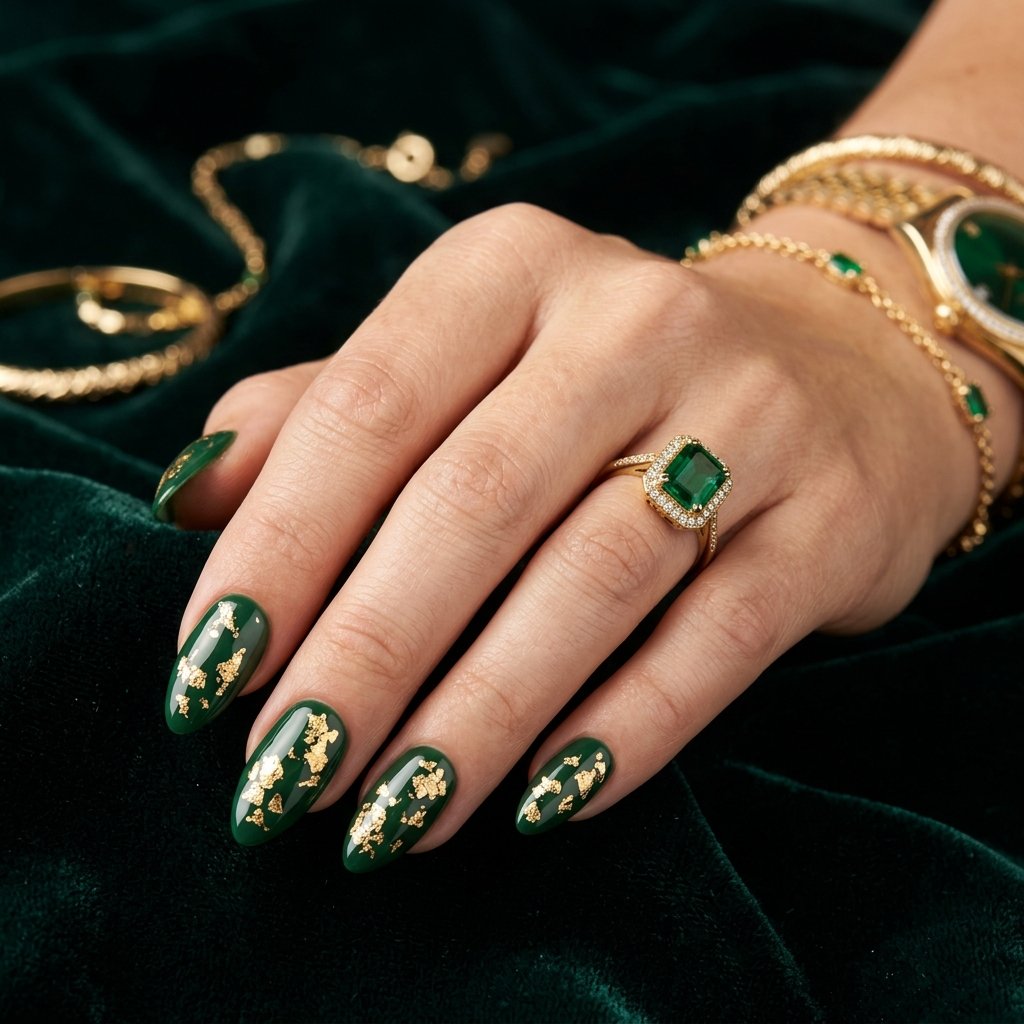 35 Fresh Green Almond Nails Ideas: Chic Trends to Love 28 Gold Foil Green Almond Nails