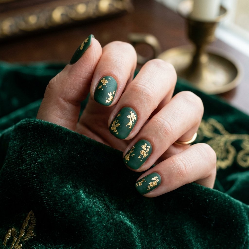 35 Stunning Forest Green Nails Ideas for a Chic Look 2026 30 Gold Leaf Flakes