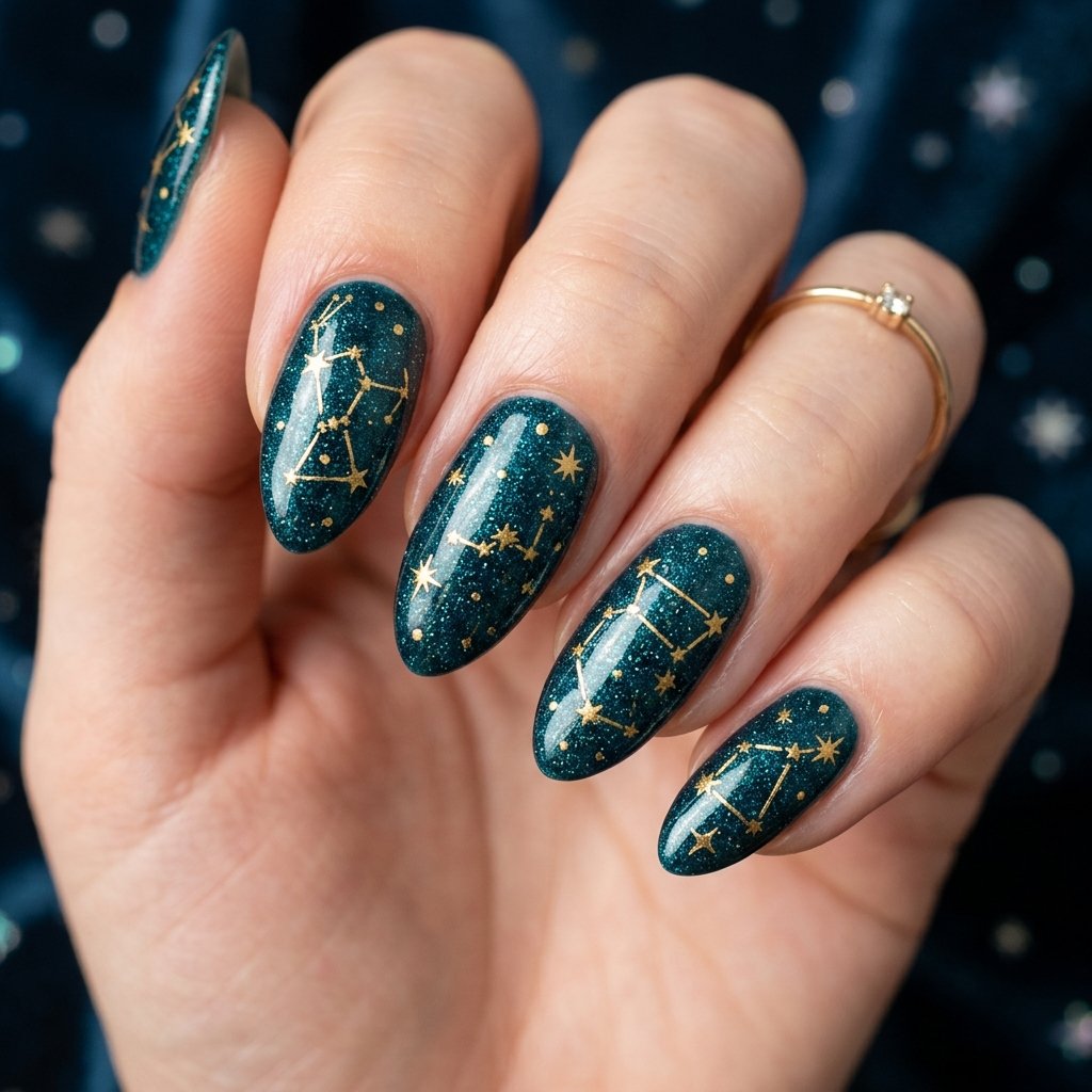 34 Best Dark Teal Nails Ideas: Elegant Colors to Try Now 5 Celestial Gold Star Constellation Forest Teal