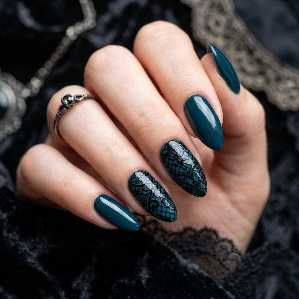 34 Best Dark Teal Nails Ideas: Elegant Colors to Try Now 8 Gothic Black Lace Overlay