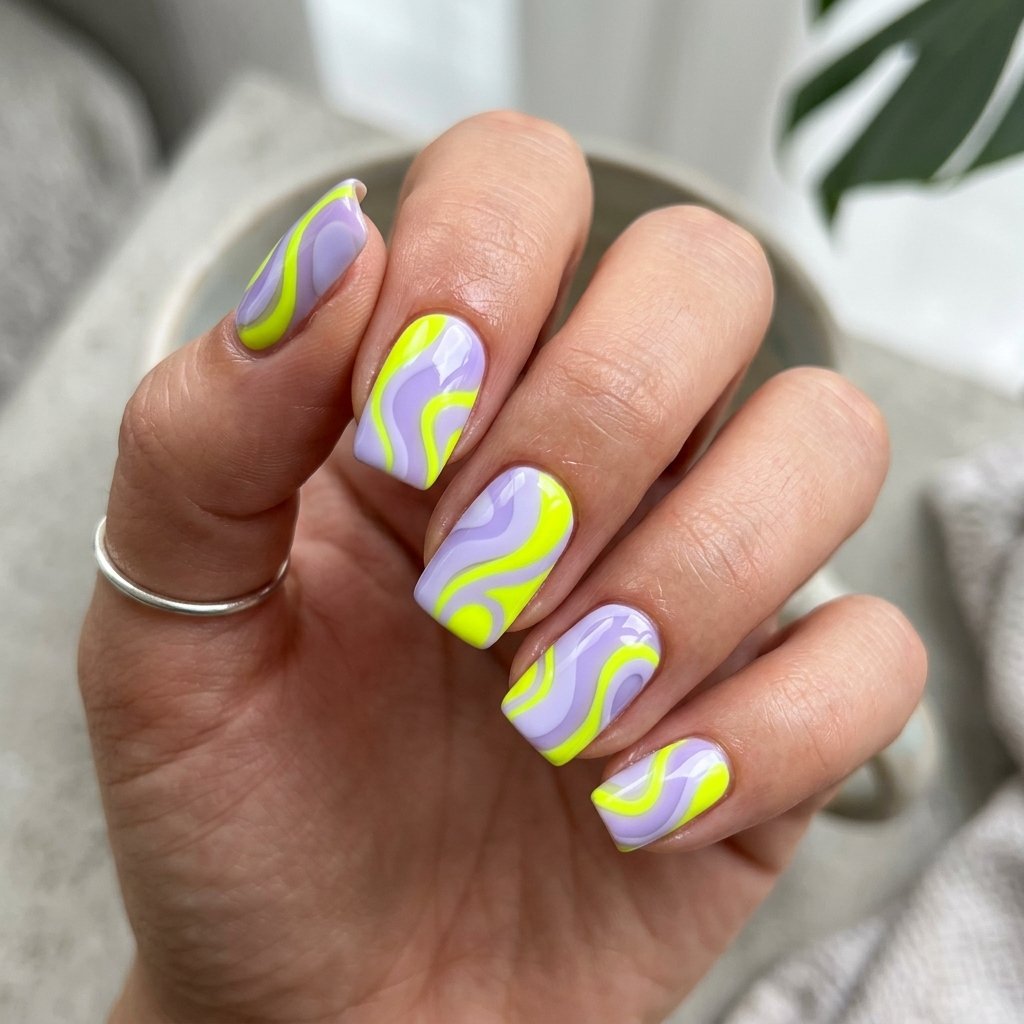 35 Fresh neon yellow nails Ideas for Your Summer Wardrobe 29 Lavender Contrast Design Idea
