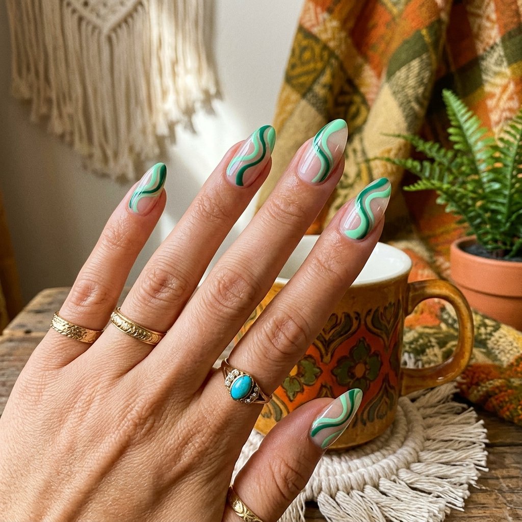 35 Fresh Green Almond Nails Ideas: Chic Trends to Love 23 Swirl Green Almond Nails