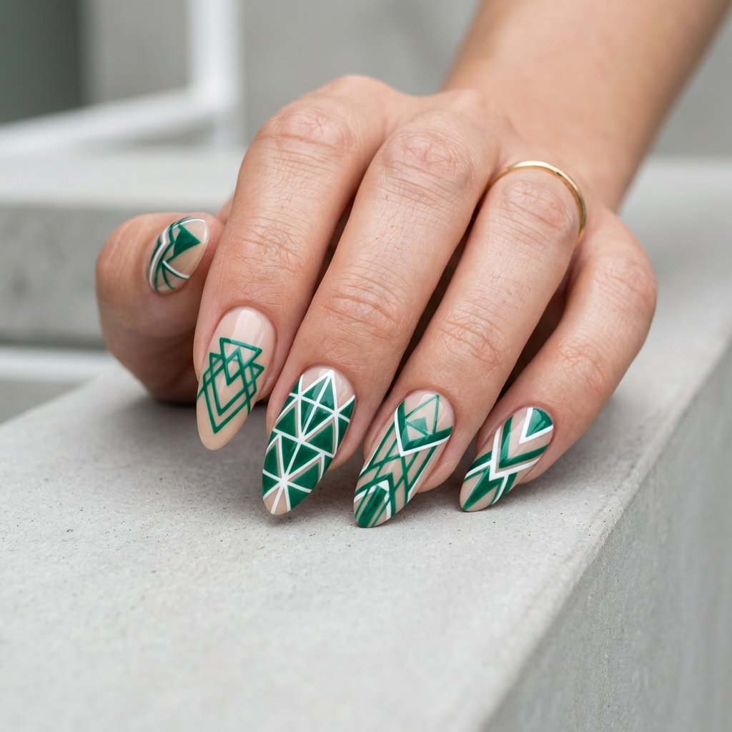 Geometric Green Almond Nails